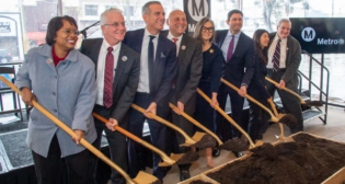 From left to right: Stephanie Wiggins, LACMTA CEO; Paul Krekorian, L.A. City Council President; Eric Garcetti, L.A. City Mayor; Ara J. Najarian, Glendale City Council Member and LACMTA Board Chair; Monica Rodriguez, L.A. City Council Member; Jesse Gabriel, State Assembly Member; Charlene Lee Lorenzo, Director of FTA Region 9; and Tony Wilkinson, Panorama City Neighborhood Council Board Member. (Photograph Courtesy of LACMTA)